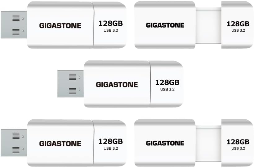 GIGASTONE 128GB Flash Drive (5 Pack) Z60 USB 3.2 Gen 1, 120MB/s Ultra Fast, Retractable Capless Slider Design, Data Storage, Backup for PC/Mac/TV/Car Audio, USB 2.0/3.0/3.1 Compatible
