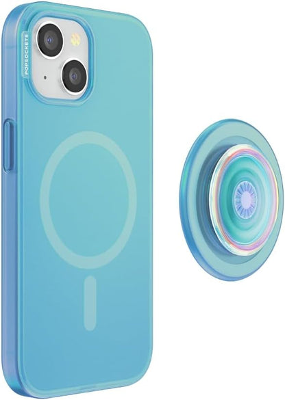 PopSockets iPhone 15 Case with Phone Grip and Slide Compatible with MagSafe, Phone Case for iPhone 15, Wireless Charging Compatible - Opalescent Blue