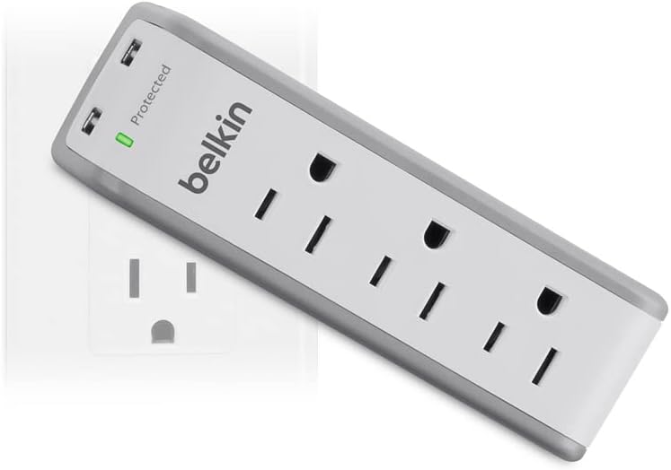 Belkin Wall Mount Surge Protector - 3 AC Multi Outlets & 2 USB Ports - Flat Rotating Plug Splitter - Wall Outlet Extender for Home, Office, Travel, Computer Desktop & Phone Charger - 918 Joules