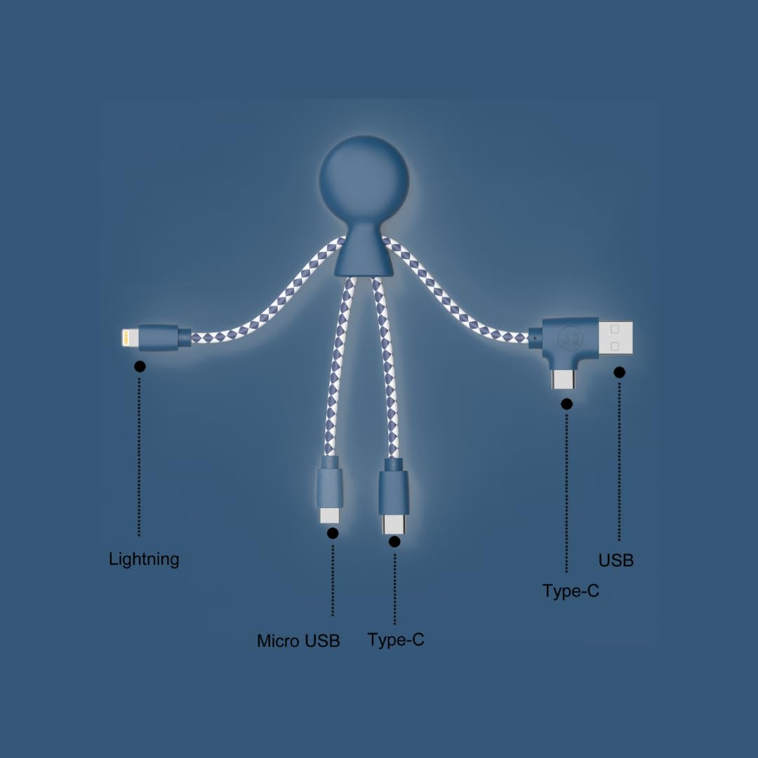 Multi USB Cable 4 in 1 - Universal Charger Made from Recycled Plastic - USB, USB-C, Lighting, Micro USB Ports - Compatible with All Smartphones Mr Bio Blue Octopus