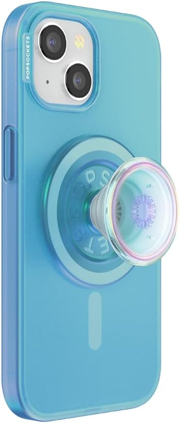 PopSockets iPhone 15 Case with Phone Grip and Slide Compatible with MagSafe, Phone Case for iPhone 15, Wireless Charging Compatible - Opalescent Blue