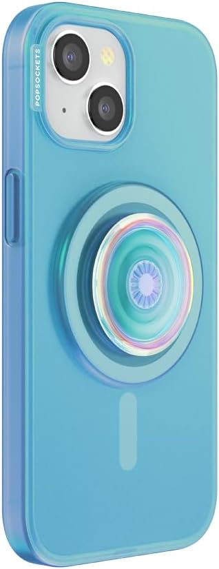 PopSockets iPhone 15 Case with Phone Grip and Slide Compatible with MagSafe, Phone Case for iPhone 15, Wireless Charging Compatible - Opalescent Blue