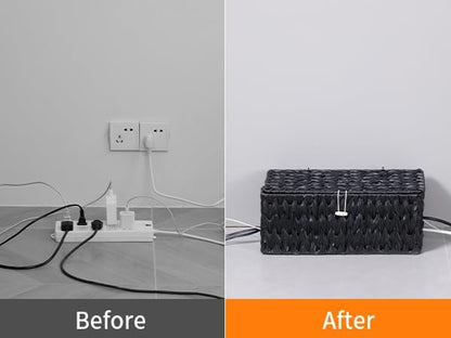 Black Cable Management Box,2 Pack Large & Medium Rattan Cable Organizer Box for Power Strip,2 Open Slots Cords Hider Box for TV Wires, Computer, Router, USB Hub and Under Desk Power Strip