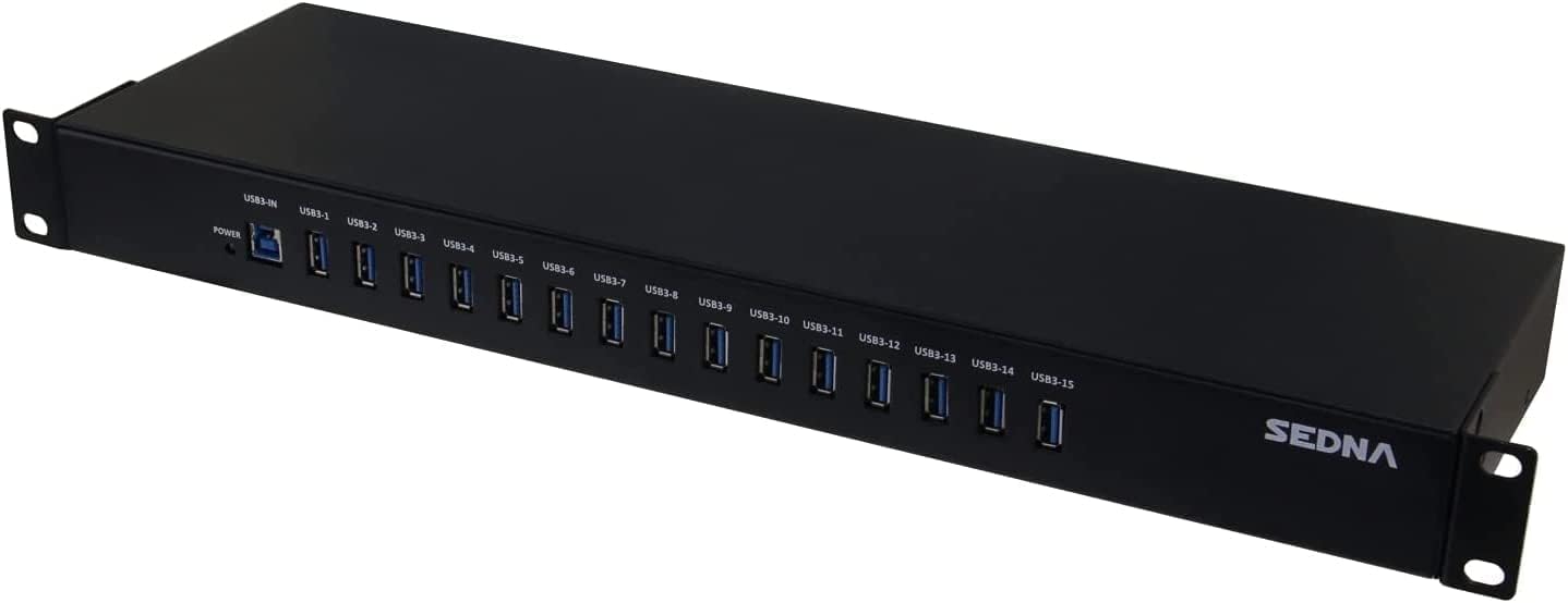 SEDNA - 15 Port USB 3.1 Gen I Hub ( 5Gbps ) - 19 Inch 1U Rack Mount ( 5V10A AC/DC Adapter ), Black