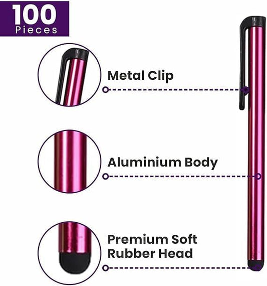 Stylus Pens for Touch Screens, 100 Pieces Universal Colorful Long Metal Stylists Pack for iPad, iPhone, Android, Galaxy, Chrome Book, Tablets, Assorted Colors All Devices - 4"