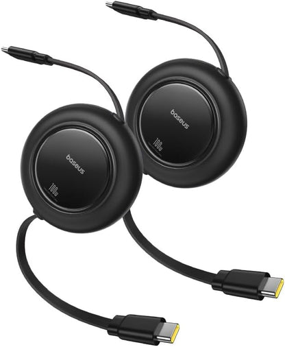 Baseus USB C Cable, 100W 2-Pack 6.6ft Retractable USBC to USBC Fast Charging Cable, 7-Stage Length Preset Retractable Type C Cord for iPhone 16 15 Pro Plus Pro Max, MacBook, iPad Pro, Samsung S24/S23