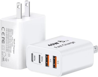 TT&C USB C Block 40W, 4 Ports Wall Plug Fast Charging Block, PD+QC Multiport Power Adapter USB C Charger Type C for iPhone 16,15,14,13,12,11, Pro Max, X, Xr, Xs, 8, Watch, Galaxy Phones (White 2Pack)