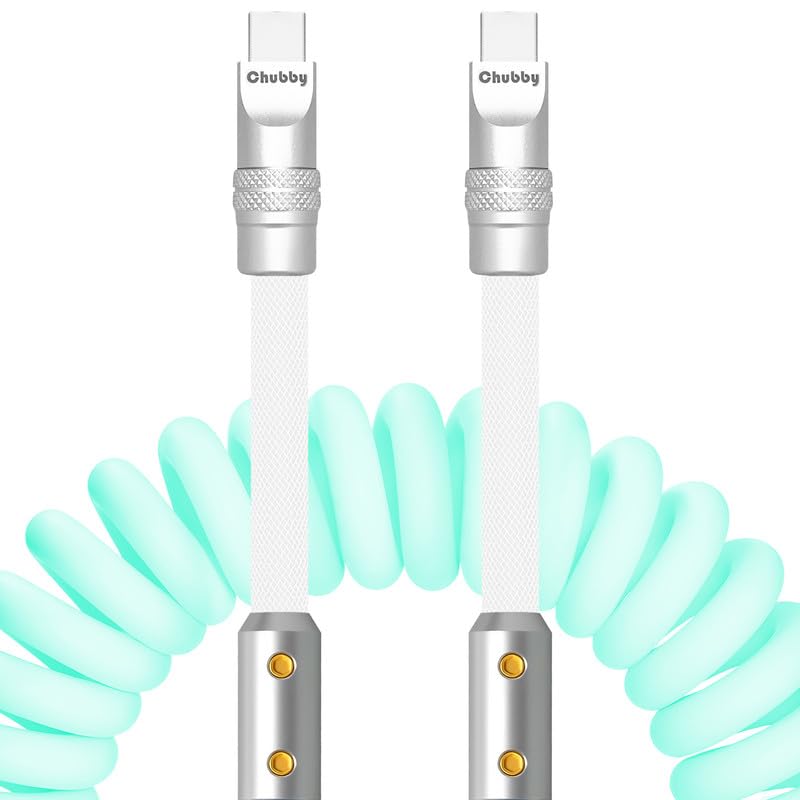 ChubbyCable Colorblock Chubby - Spring Braided Coiled USB C Charge Cable, Type C, 2.29FT-3.6FT, Light Blue+White, Car Charger Cord
