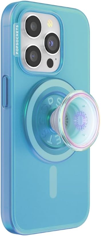 PopSockets iPhone 15 Pro Case with Phone Grip and Slide Compatible with MagSafe, Phone Case for iPhone 15 Pro, Wireless Charging Compatible - Opalescent Blue