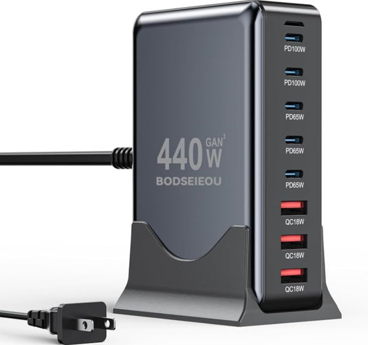 USB C Charger Block 440W Charging Station Hub,8 Port GaN III Fast Charging Brick with 5ft Extension Cord,PD PPS 100W Laptop Power Adapter for MacBook Pro/Air,iPhone 16/15,Samsung Galaxy,Dell