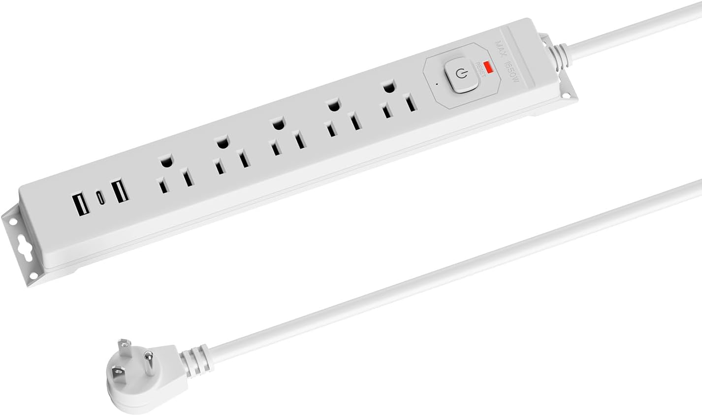 10 Ft Power Strip Surge Protector with USB Ports, Flat Plug Extension Cord, 5 AC Outlets and 3 USB Charging Ports, Wall Mountable, ETL Listed – White for Home, Office, Dorm