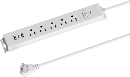 10 Ft Power Strip Surge Protector with USB Ports, Flat Plug Extension Cord, 5 AC Outlets and 3 USB Charging Ports, Wall Mountable, ETL Listed – White for Home, Office, Dorm