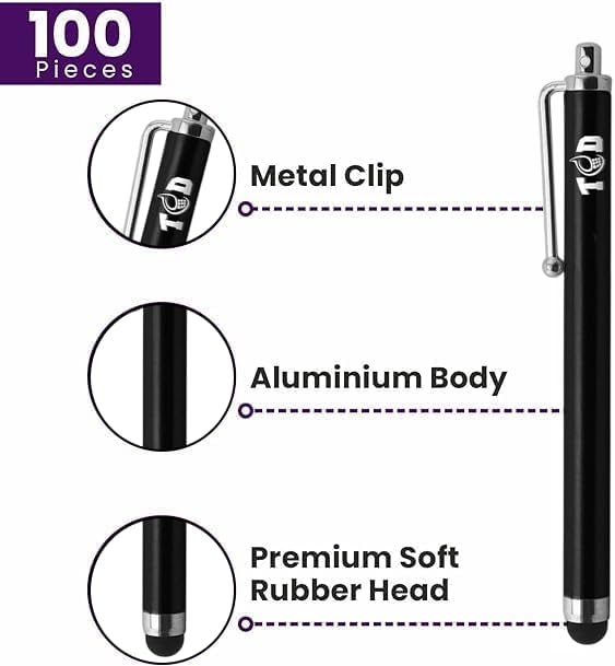 TCD 100 Pack Stylus Pen for iPad, High Precision Universal Capacitive Bulk Digital Stylus Pen – Compatible w/iPhone, Tablet, Touchscreen Laptop – Rubber Tip Black Styluses for All Touch Screen Devices