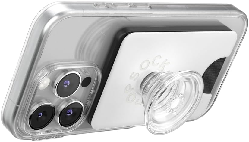 PopSockets Phone Wallet with Expanding Grip and Adapter Ring for MagSafe, Phone Card Holder, Wireless Charging Compatible, Wallet Compatible with MagSafe - White Clear