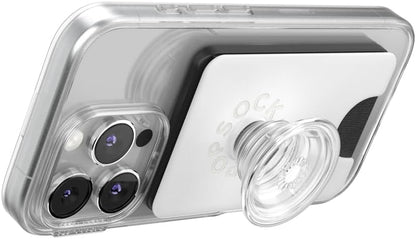 PopSockets Phone Wallet with Expanding Grip and Adapter Ring for MagSafe, Phone Card Holder, Wireless Charging Compatible, Wallet Compatible with MagSafe - White Clear