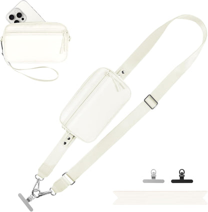 Clip and Go Strap for Phone with Wallet Crossbody, Adjustable Phone Lanyard with Detachable RFID Wristlet Wallet, Cream (L)