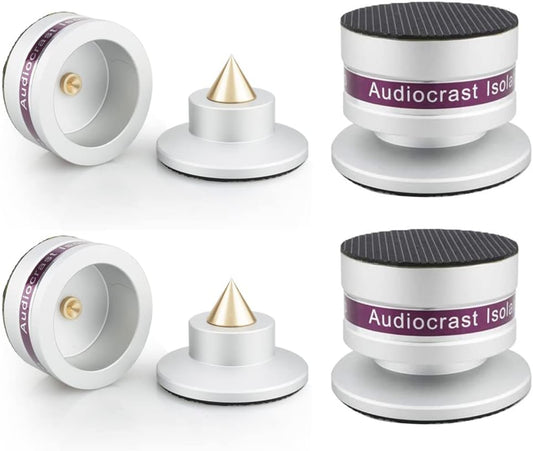 Tertullus 4 Pcs Aluminum Speaker Spike+Speaker Isolation Feet Top Pad Turntable Isolation Feet for Amplifier Speaker Turntable Player Subwoofer Silver