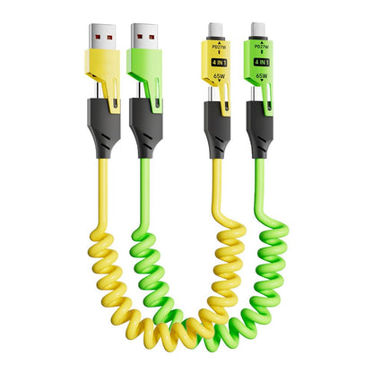4 in 1 Spring Fast Charging Cable (2Pack), 65W USB-C PD Multi Fast Charging, 1.2m/4ft Coiled Retractable Cable for iPhone Samsung Laptop - Yellow+Green