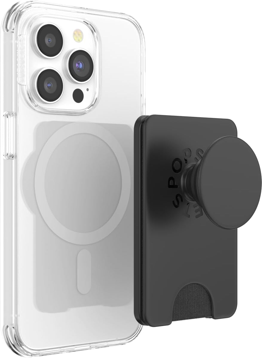 PopSockets Phone Wallet with Expanding Grip and Adapter Ring for MagSafe, Phone Card Holder, Wireless Charging Compatible, Wallet Compatible with MagSafe - Black
