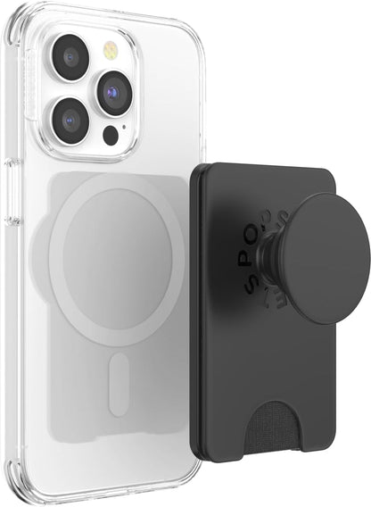 PopSockets Phone Wallet with Expanding Grip and Adapter Ring for MagSafe, Phone Card Holder, Wireless Charging Compatible, Wallet Compatible with MagSafe - Black