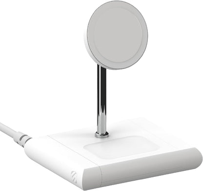 Scosche BL2MSiQWT-AP BaseLynx™ 2.0 2-in-1 Modular Charging Station with MagSafe, 15W Fast Wireless Charging Phone Stand Compatible w/Apple iPhone 15/14/13/12 Series, 5W Charger Pad for AirPods, White