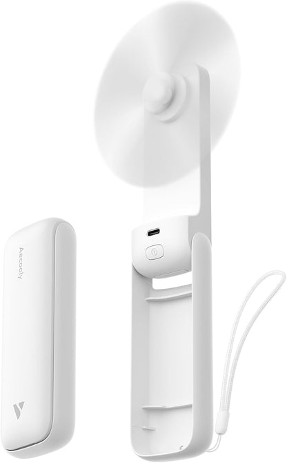 Aecooly Slim Portable Fan, Thin Handheld Fan, USB Rechargeable Mini Personal [24H Max Cooling Time], Battery Powered Small Foldable Pocket for Travel, Summer, Gifts for Women, Girls -White