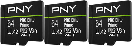 PNY 64GB PRO Elite Prime C10 U3 V30 A2 microSDXC Flash Memory Card – Ultra-Fast Speeds, Read 200MB/s, Write 110MB/s, 4K UHD, Full HD, UHS-I, for Smartphones, Drones, Action Cameras, 3-Pack