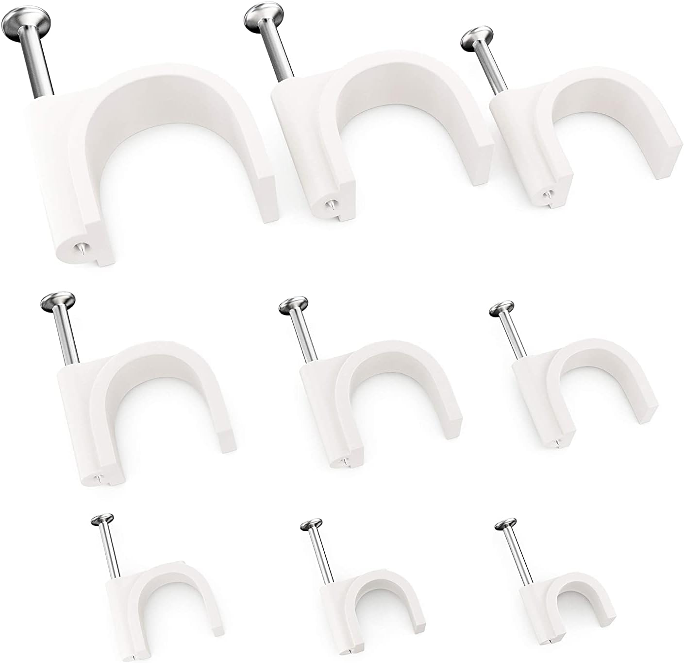 Pro-Grade, Cable Clips with Steel Nails 4mm - 14mm Wire Holders and Tacks in 9 sizes, 100 Per Size. Durable, UV Resistant Plastic Clips Help Organize Coax, Ethernet, Cat5, Cat6 and Other Cords.