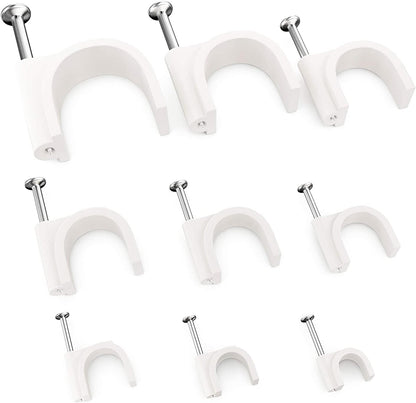 Pro-Grade, Cable Clips with Steel Nails 4mm - 14mm Wire Holders and Tacks in 9 sizes, 100 Per Size. Durable, UV Resistant Plastic Clips Help Organize Coax, Ethernet, Cat5, Cat6 and Other Cords.