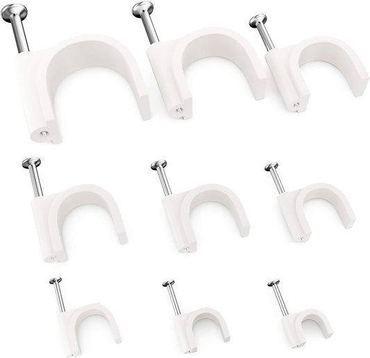 Pro-Grade, Cable Clips with Steel Nails 4mm - 14mm Wire Holders and Tacks in 9 sizes, 100 Per Size. Durable, UV Resistant Plastic Clips Help Organize Coax, Ethernet, Cat5, Cat6 and Other Cords.