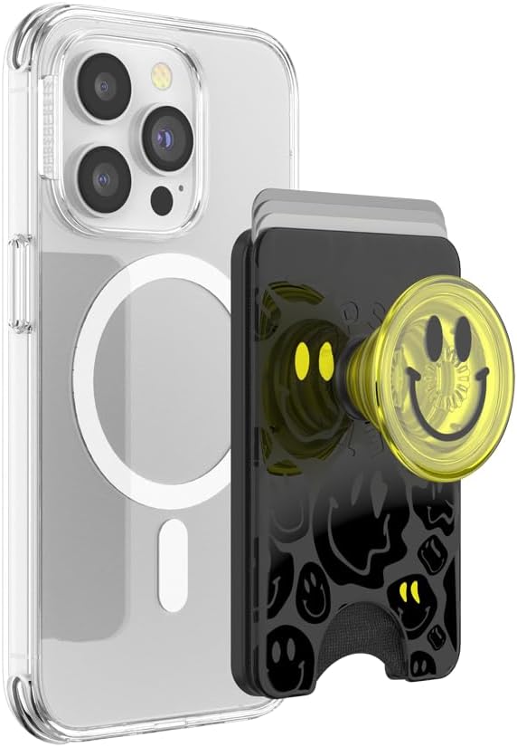 PopSockets Phone Wallet with Expanding Grip and Adapter Ring for MagSafe, Phone Card Holder, Wireless Charging Compatible, Wallet Compatible with MagSafe - All Smiles