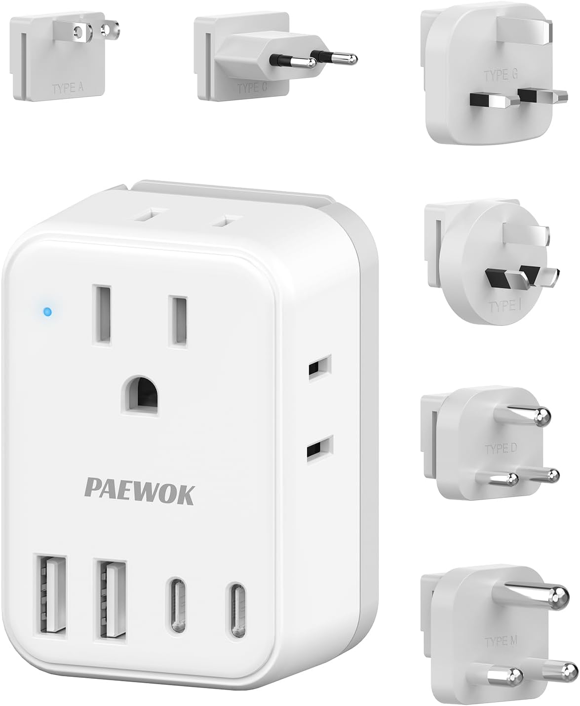 International Power Adapter Set, US to Worldwide Universal Travel Adapter- 4 AC Outlets 4 USB Ports (2 USB C), Type C/G/A/I/D/M Detachable Charger Plug for EU/UK/AUS/Japan/South Africa