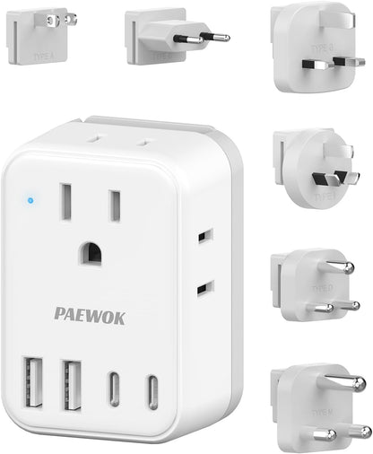 International Power Adapter Set, US to Worldwide Universal Travel Adapter- 4 AC Outlets 4 USB Ports (2 USB C), Type C/G/A/I/D/M Detachable Charger Plug for EU/UK/AUS/Japan/South Africa