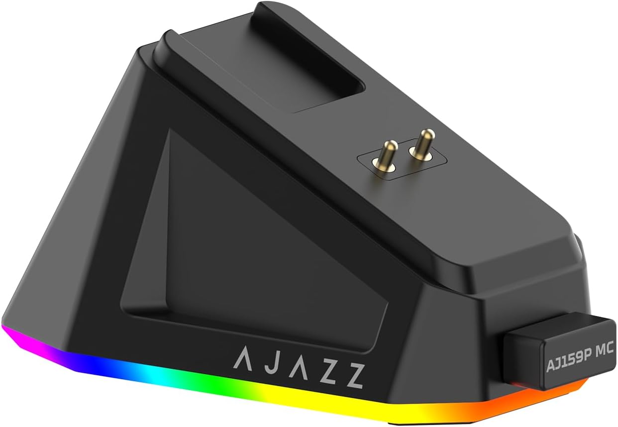 AJ159P MC Triple Mode (2.4G/Wired/Bluetooth 5.2) Gaming Mouse, 12000 DPI, 56g Ultra-Light, Magnetic RGB Charging Dock, Programmable 6 Buttons, Ergonomic Design for Computer Laptop PC, Black