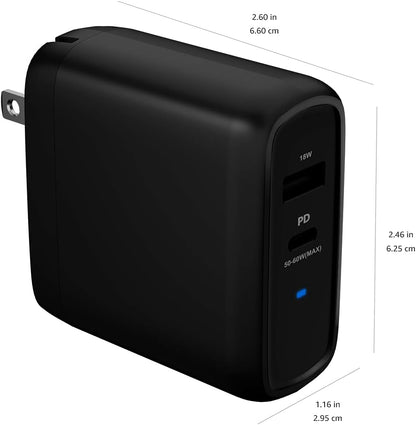 Amazon Basics 68W Two-Port GaN Wall Charger with 1 USB-C (60W) & 1 USB-A Ports (18W) with PD for Laptops, Tablets & Phones (iPhone 16/15/14/13/12/11/X, iPad, MacPro, Samsung, and more), Non-PPS, Black