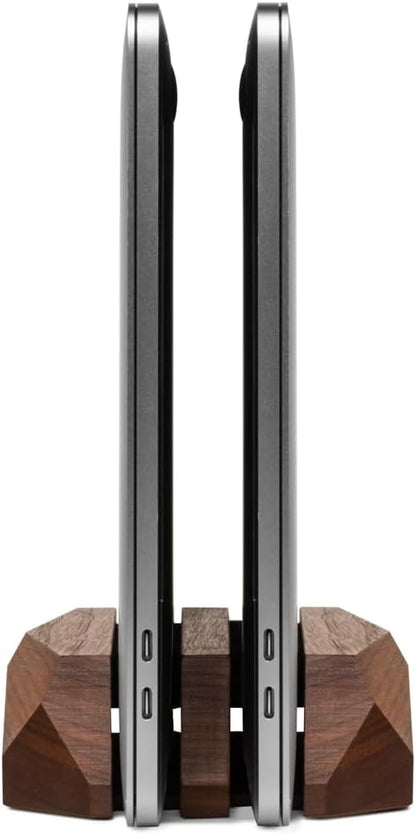 Oakywood Dual Laptop Dock, Vertical Laptop Stand Wood, Laptop Stand for Desk, Desk Organizer, Vertical Laptop Holder, Compatible with All MacBook Pro Air iPad, for 2 Device – 7,1x4,5x1,6”, Walnut