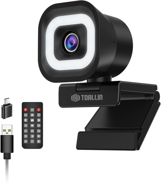 TOALLIN 4K Webcam with Ring Light, Remote Control, PDAF Auto-Focus, 1/2.5" Sensor & 12MP, Built-in Dual Mics, 5X Digital Zoom and Image Mirroring, Web Camera for Live-Streaming/Meeting/Video Calls