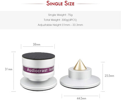 Tertullus 4 Pcs Aluminum Speaker Spike+Speaker Isolation Feet Top Pad Turntable Isolation Feet for Amplifier Speaker Turntable Player Subwoofer Silver