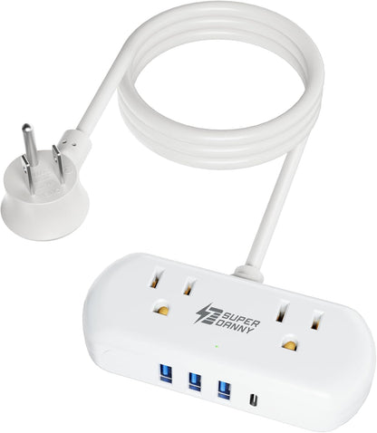 SUPERDANNY Power Strip with USB, Mini Desktop Charging Station with 2 Wide-Spaced Outlets & 4 USB Ports, 2ft Portable Flat Plug Extension Cord for Travel, Dorm, Room, Home Office Essentials, White