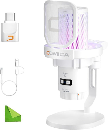 COMICA Wireless USB Microphone for Computer and Smartphone,48kHz/24bit RGB Cardioid Condenser Gaming Mic for Podcasting,Streaming,Recording,with Desktop Stand-White(EJoy Uni Pro D)