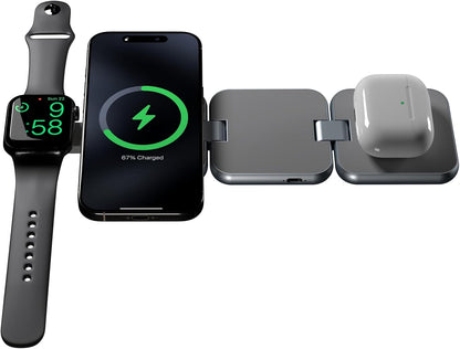 3 in 1 Charging Station for Apple Devices, Magnetic Foldable Wireless Charger, 15W Fast Charging for iPhone 12/13/14/15/16, Watches, and Earbuds, Compact Travel Design, Metal Frame