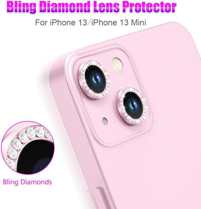 AGVEE 3+3 6 Pack for iPhone 13 6.1 inch / 13 Mini 5.4 inch Camera Lens Cover Protector, Bling Diamond & Bling Glitter Metal Ring 9H Tempered HD Glass Camera Cover Protector Film, Bling-Pink