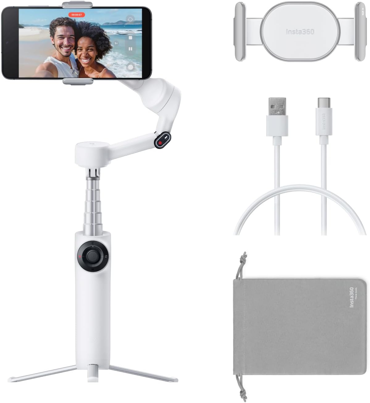 Insta360 Flow 2 White - Foldable AI Phone Gimbal, AI Tracking, Multi-Person Tracking, Built-in Tripod/Selfie Stick, Remote Control, iPhone/Android Portable Stabilizer