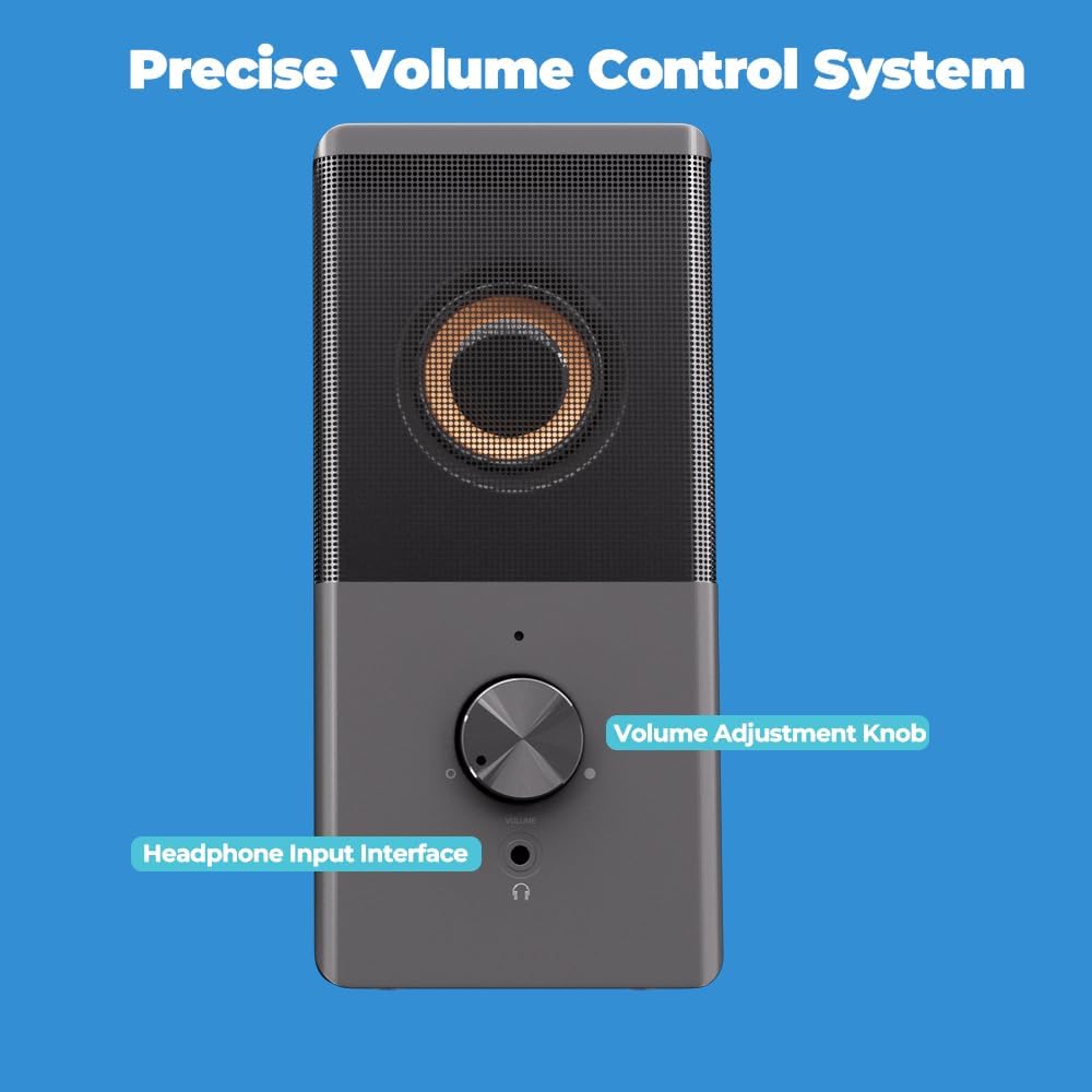 ROSON Computer Speaker, Compact Size Speaker with Headphone Jack, Enhanced Bass and Volume Control, Stereo 2.0 USB Powered 3.5mm Aux Multimedia Speakers for Laptop/Desktop/Tablets/Phone