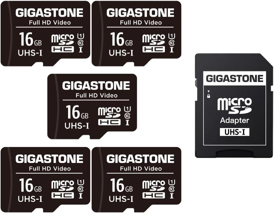 GIGASTONE 16GB 5-Pack Micro SD Card, FHD Video, Surveillance Security Cam Action Camera Drone, 85MB/s Micro SDHC UHS-I U1 Class 10, with Adapters