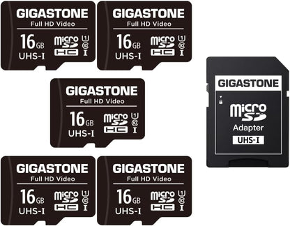 GIGASTONE 16GB 5-Pack Micro SD Card, FHD Video, Surveillance Security Cam Action Camera Drone, 85MB/s Micro SDHC UHS-I U1 Class 10, with Adapters