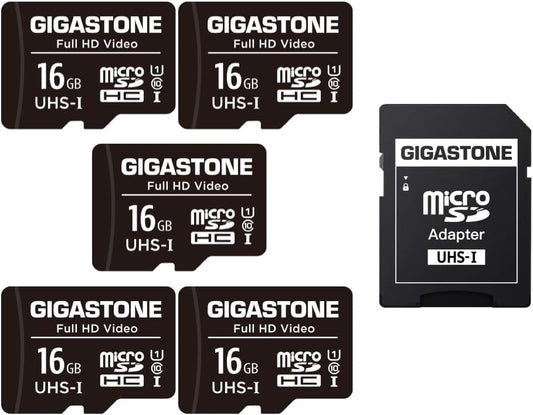 GIGASTONE 16GB 5-Pack Micro SD Card, FHD Video, Surveillance Security Cam Action Camera Drone, 85MB/s Micro SDHC UHS-I U1 Class 10, with Adapters