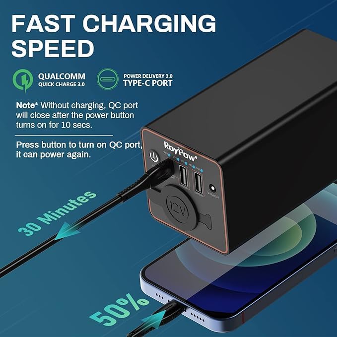 RoyPow 30W PD Portable Charger with 12V/10A Cigarette Lighter Socket, 86.58Wh USB C Laptop Power Bank, 18W QC& 12V DC External Battery Pack, Perfect for MacBook Air iPad Phone Dash Cam or Camping