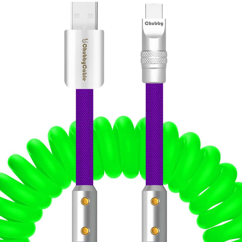 chubbycable Colorblock Chubby - Spring Braided Silicone Charge Cable Coiled USB C Cable Fast Charging Type C Charger Cord for Car, Green+Purple, USB-A to Type-C, 2.29FT-3.6FT