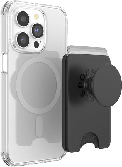 PopSockets Phone Wallet with Expanding Grip and Adapter Ring for MagSafe, Phone Card Holder, Wireless Charging Compatible, Wallet Compatible with MagSafe - Black